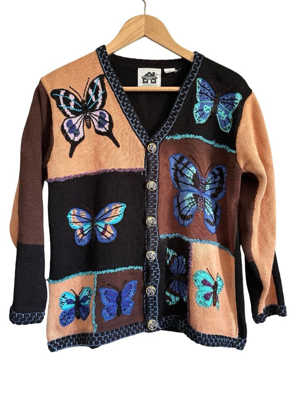 Vtg STORYBOOK KNITS Butterfly Beaded Cardigan Sweater Novelty Art Teacher L